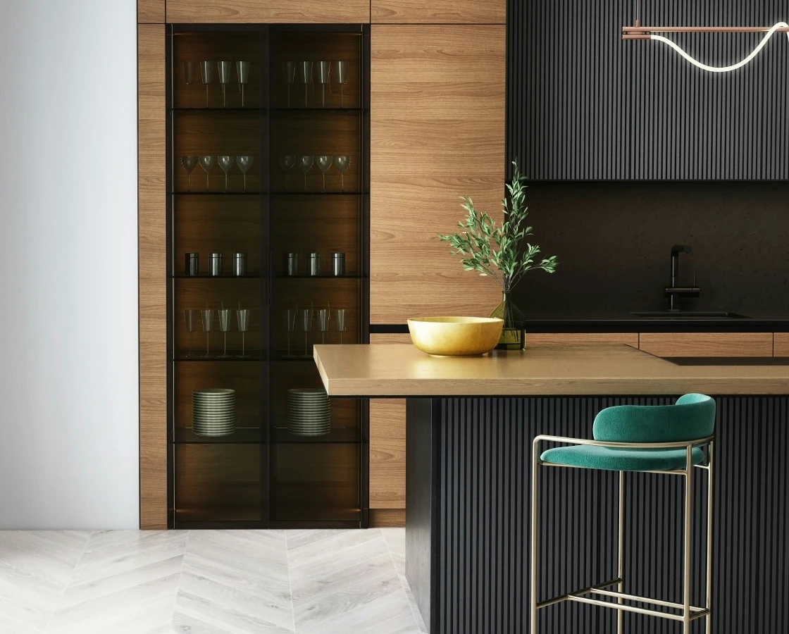 Modern kitchen island with green barstool